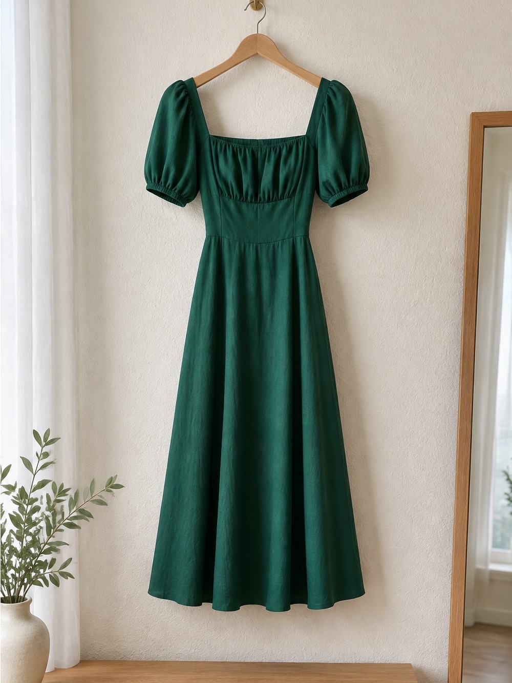 Green Puff-Sleeve Square Neck Midi Dress